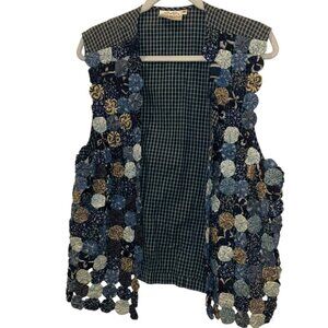 Vintage Susan Bristol popcorn yo-yo quilted Chambray blues vest M